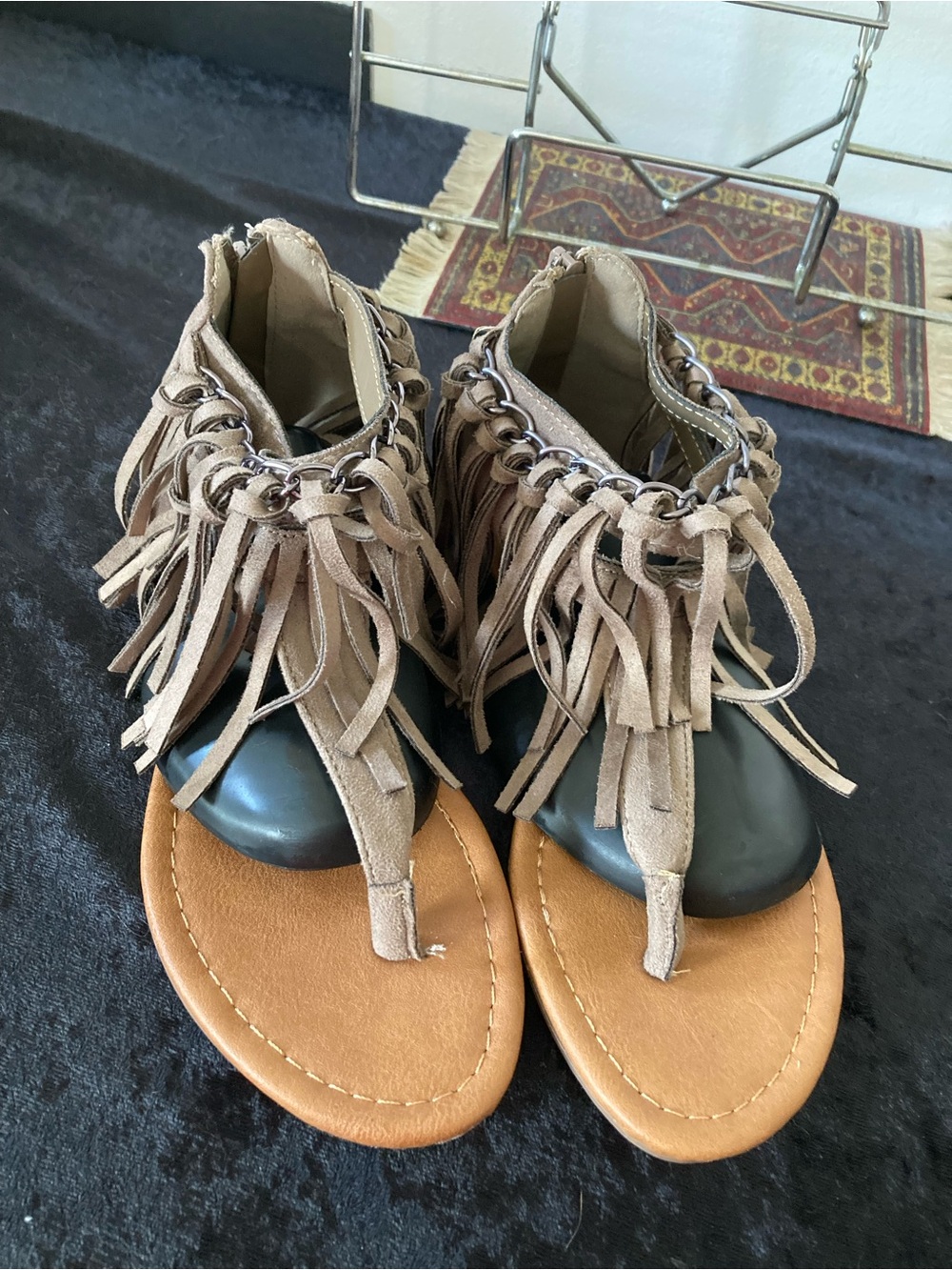 Fringe Suede Thong Ankle Sandals-Taupe/Black-Let’s See Style LA- Zipper 7 1/2